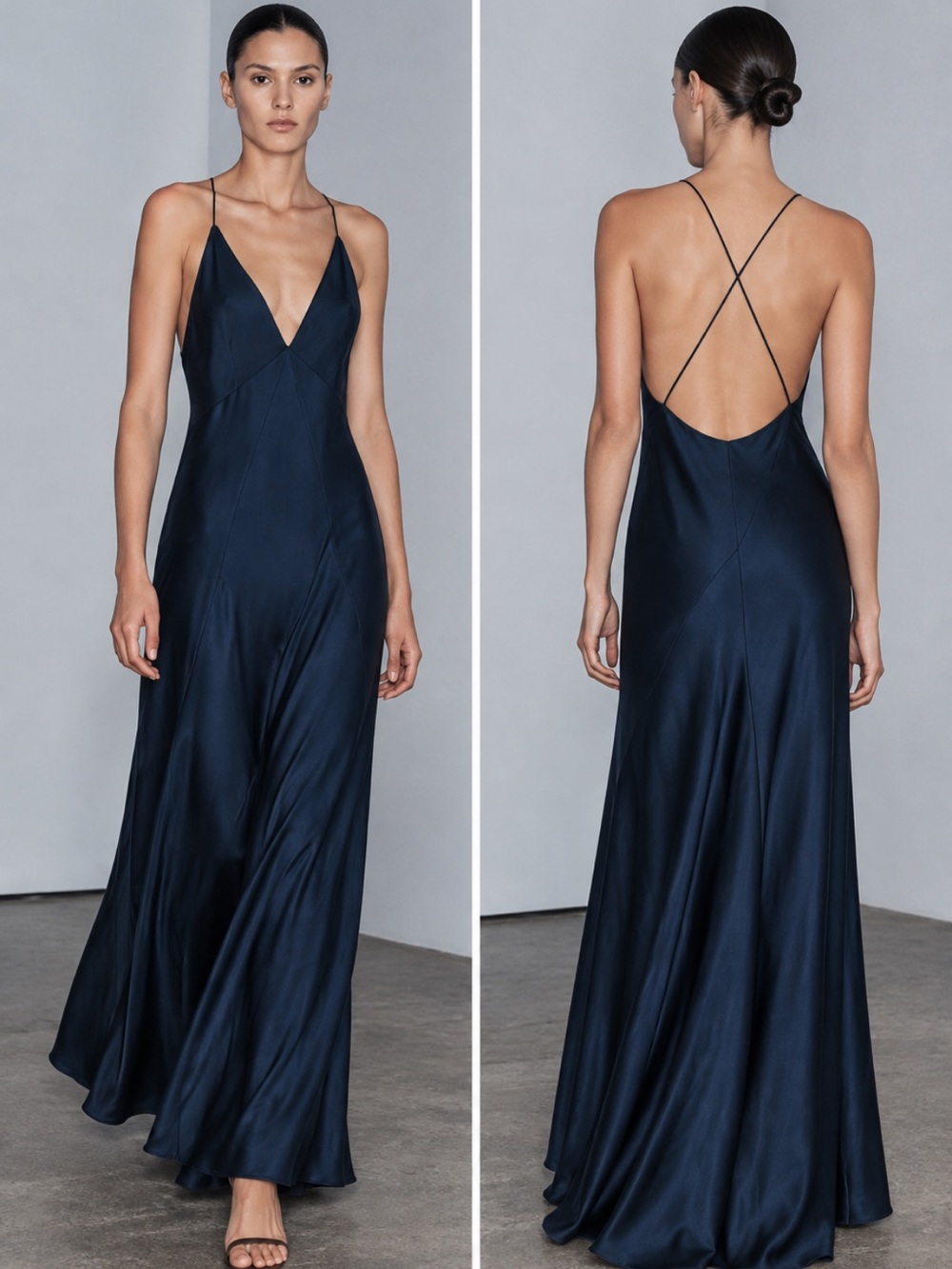 Zara NWT satin effect maxi dress dark navy 9763/987